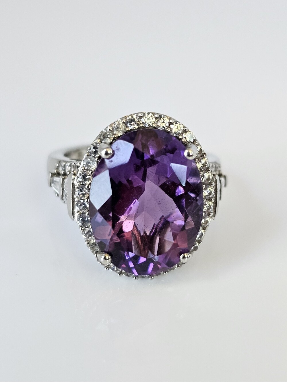 Genuine Morroccan Amethyst & White Zircon Sterling Silver Platinum Size 7!